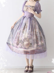 Purple Floral Print Basque Waist Lolita Dress Square Neckline and Puff Sleeves
