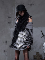 Y2K Versatile Punk Gray Off-Shoulder Batwing Sweatshirt Dress with Cross Print & Black Stripes