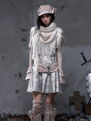 Vintage Punk A-Line Beige-gray PU Dress with Khaki Knit Off-Shoulder Design & Belt