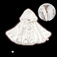 5 Colors Jirai Kei Zipper Style Fleece-lined Hooded Cape with Pom-poms, Bows and Ruffles