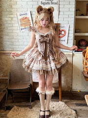 Brown Polka Dot Flutter Sleeves Balletcore Dress with Lace-Trim and Bowknots