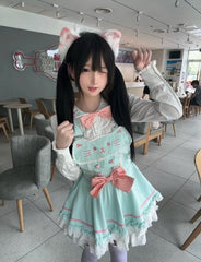 Soft Mint Green Adorable Cat Embroidered Overall Dress / White Sailor Collar Blouse