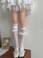White Lace Tulle Socks/Lace Trims Hollow-out Underknee Stockings/Floral Pattern Underknee Stockings/Feather Fishnet Socks