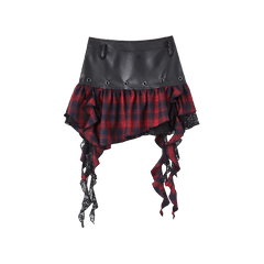 Y2K Asymmetrical Ruffled Red Plaid Hem Black PU Punk Skirt