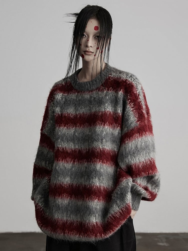 Urban Goth Grey & Red Striped Round Neck Sweater