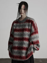 Urban Goth Grey & Red Striped Round Neck Sweater