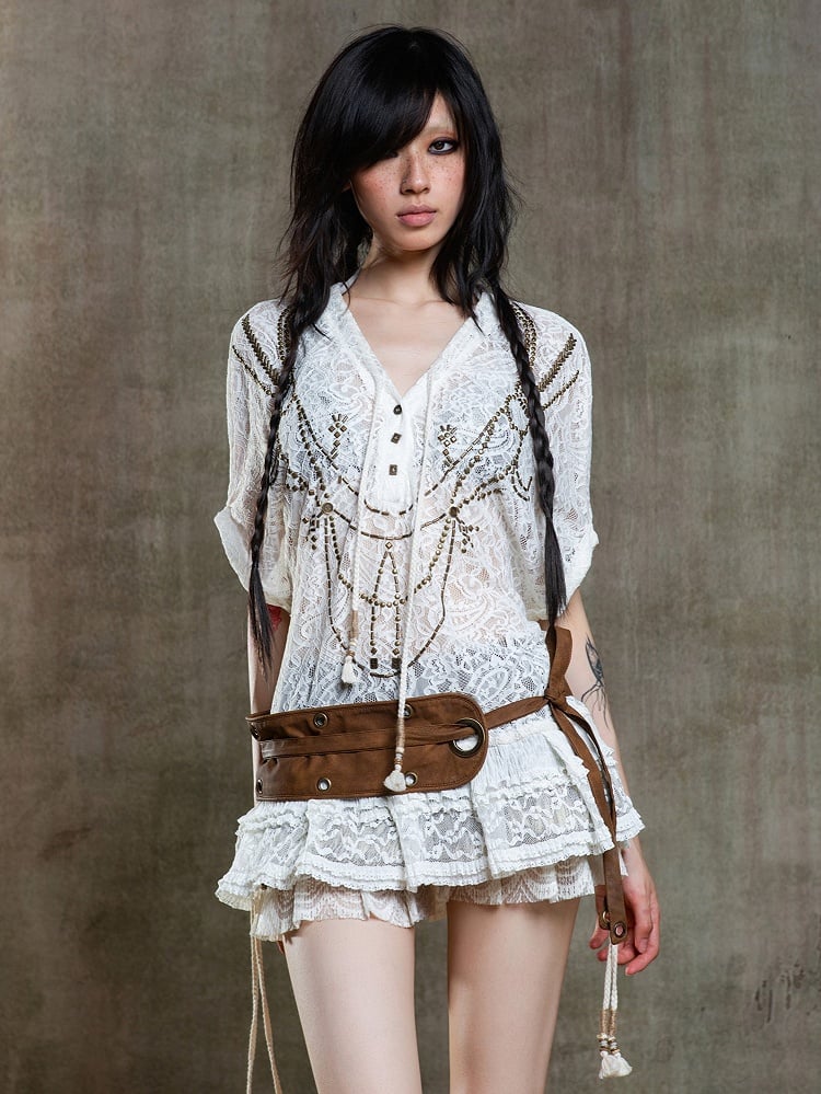 Vinatge Beige Punk V-Neck Floral Embroidered Lace Tiered Top with Drawstrings & Rhinestone Patterns