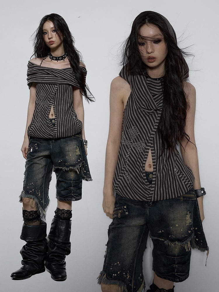 Punk Cross Gray Striped Off-the-shoulder Neckline Top