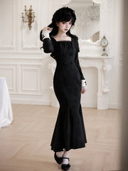 Black Juliette Sleeves Lolita Mermaid Dress with Cross Embroidery Patch Cuffs
