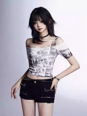 White Off-the-shoulder Neckline Mesh Glamorous Cropped Top