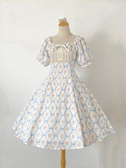 White Rose Bowknot Print Square Neckline One Piece