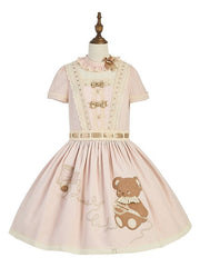 Pink Dropped Waist Sweet Lolita Dress with Teddy Bear Embroidery