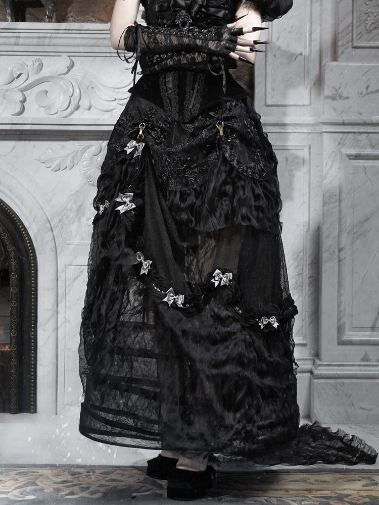 Black Goth Versatile Lace Patched Vintage Bustle Long Skirt