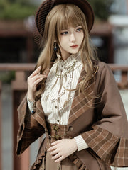 Steampunk Dark Brown Open Placket Cropped Jacket With Coffee Plaid Pattern Collar And Cuffs