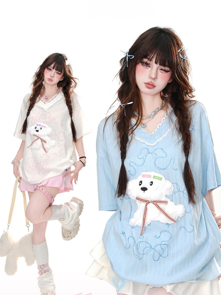Yume Kawaii Adorable Puppy Pattern White/Blue  Loose T-Shirt