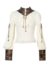 Steampunk White Knit Top with Brown PU Collar + Cuffs & Crisscross Lacing