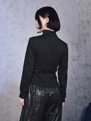 Gothic Black Shoulder Cut-Out Long-Sleeve Top with Brain Print