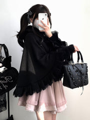 Black Jirai Kei Zipper Style Fleece-lined Hooded Cape with Pom-poms, Bows and Ruffles