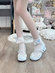 Clearance - Size 38 for Foot Length 24cm Mid-heel Blue Round Toe Sweet Mary Janes for Lolita - Bow at Top, Multi-Layer Lace & Rhinestone Fastened