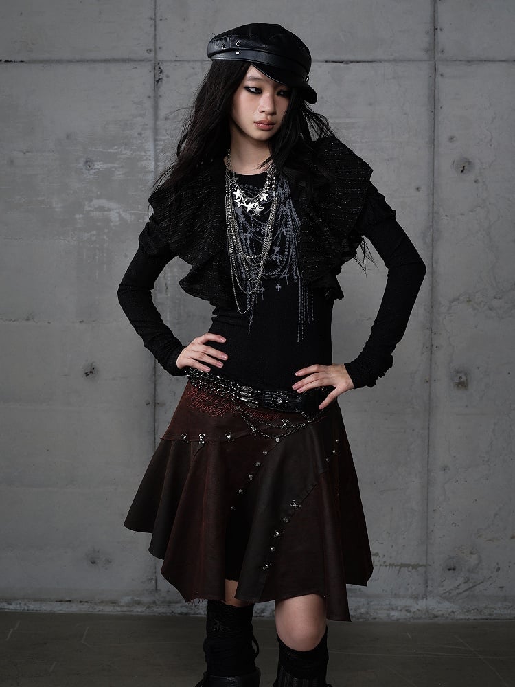 Black Gothic Punk Juliette Sleeve Top with Chain Print & Flutter Overlays