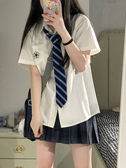 White/Gray/Blue Preppy Style Sakura Embroidery Shirt