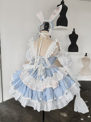 Blue and Pink Sweet Maid Apron + Basque Waist Tiered Ruffles Hem Strapless Puffy Dress