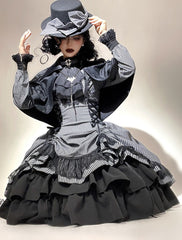 Classic Black Pinstripe Gothic Lolita Dress with Petite Ruffle Collar & Lace Trim Details