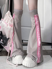 Gray Leg Warmers with Gothic Pink Text Stripe Detail & Cross Print