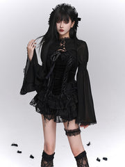 Gothic Black Lace-Trimmed Crop Shrug with Bell Sleeves & Cross-Tie Closure