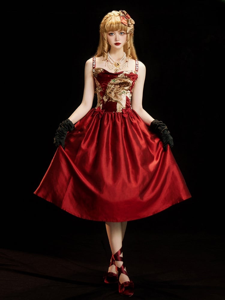 Wine Red Cowl Neckline Elegant Classic Lolita Dresswith Rhinestone Embellished Shoulder Strapsand Bows