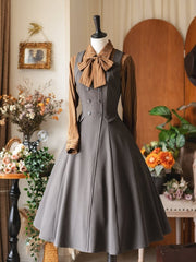 Retro Fashion Elegant Gray Square Neckline Midi Dress with Cinched Waist and Back Lacing