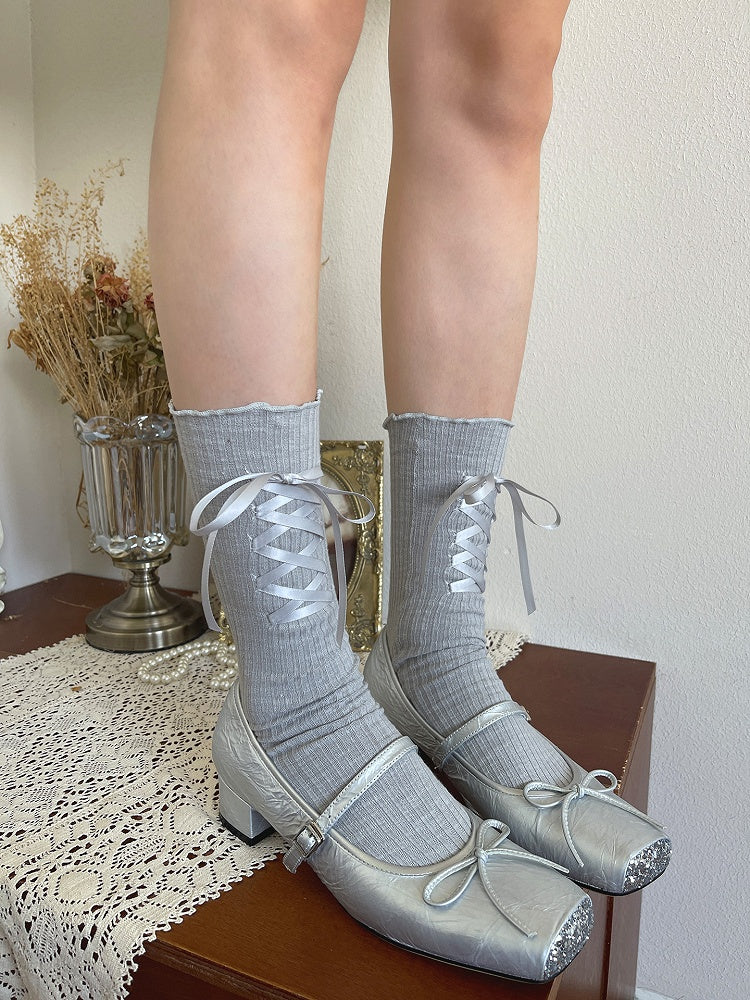 White/Light Grey Ballet-style Strap Design Calf Socks
