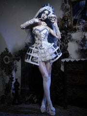 White Victorian Goth Lace Birdcage + Tiered Lace Shorts