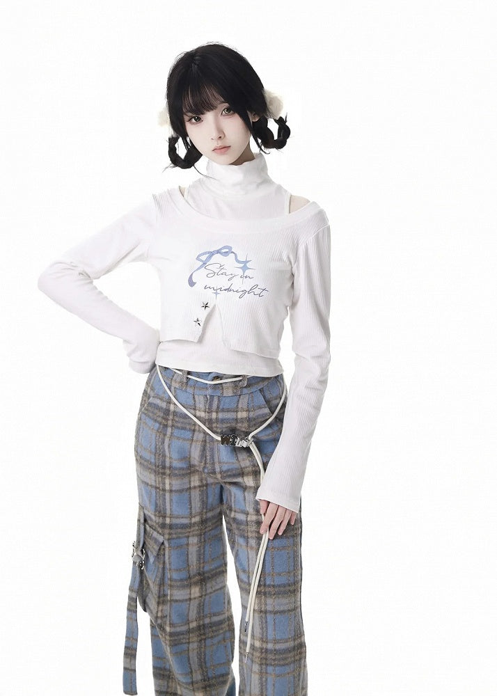 White High Neck Top with Bowknot Print Cropped Top Set