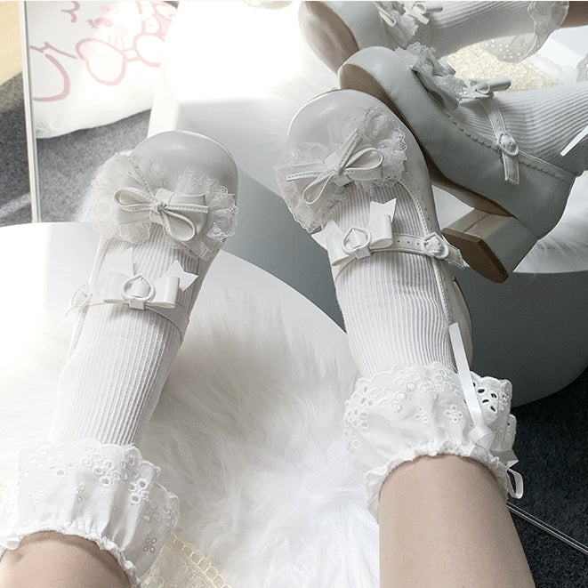 White Sweet Lolita Round Toe Mary Janes - Bow at Top & Lace Trim