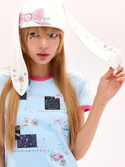 Y2K Bunny Ear Design Rhinestone Bow White Hat