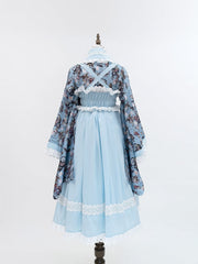 Alice in Wonderland Vibes Blue Bunny and Poker Print Top + Lace Trim JSK Dress Wa Lolita Set