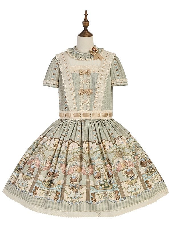 Green Bear Theme Ruffle Neckline Dropped Waist Sweet Lolita Dress