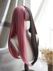 Pink&Black Split Color 70CM Waist Length Straight Wig With Full Bangs