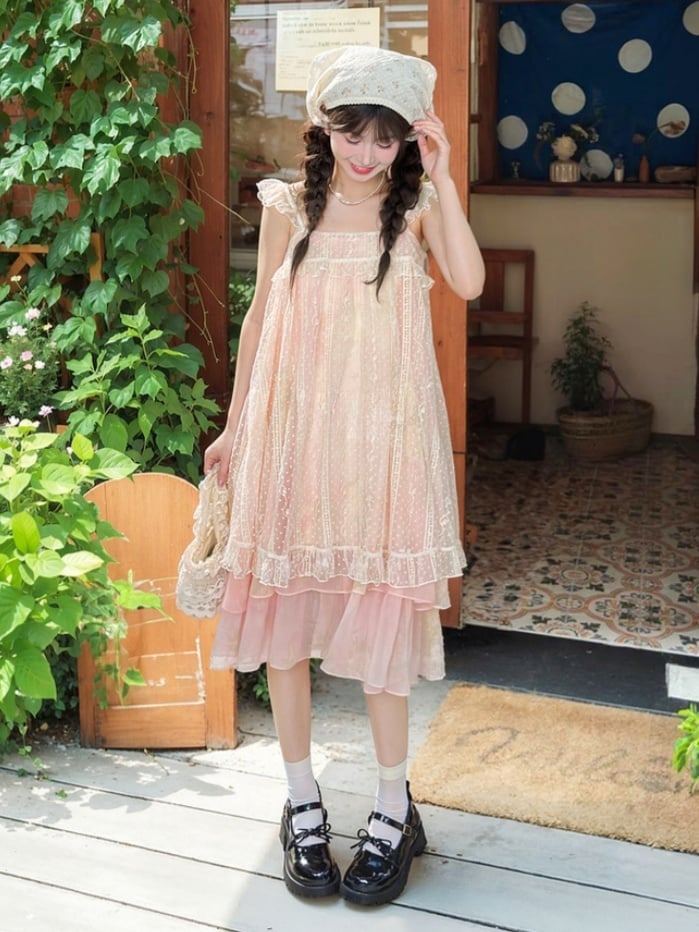 Yume Kawaii Pink Two-pieces Set-	Halter Neck Tiered Skirt Slip Dress+Flutter Sleeves Polka-dot Overdress
