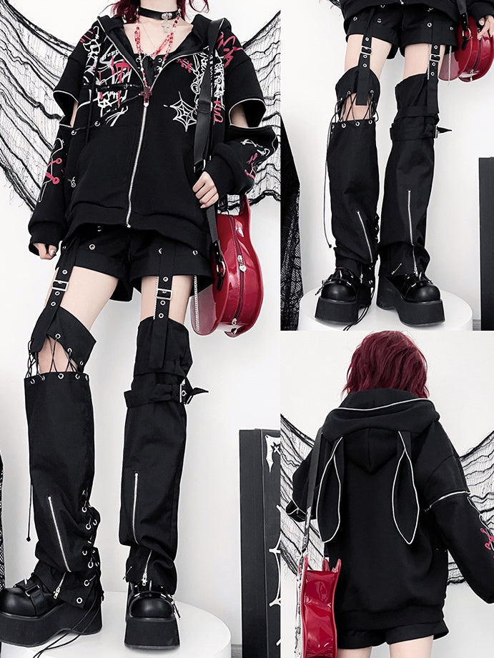 Y2K Black Bunny Ears Hoodie Graphic Print Zip-Up with Zipper Sleeves