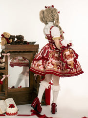 Red Cake and Bear Print Sweet Lolita JSK Dress with Lace Trim and Bow Details