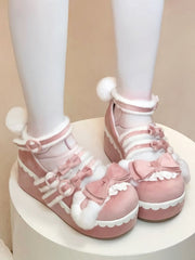 Round Toe Pink Sweet Lolita Platform Shoes with Bow Details, Lace Trim & Bunny Motifs