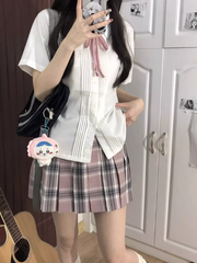 Short Sleeves Version White Preppy Style Pleating Details Shirt