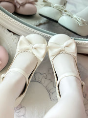 White Sweet Lolita Low-heel Mary Janes with Bow Accent & Scalloped Trim