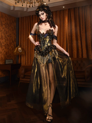 Clearance-Size M for Bust 82-86CM Black and Gold Gorgeous Tassels Boned Corset Top + Gold Chiffon Skirt