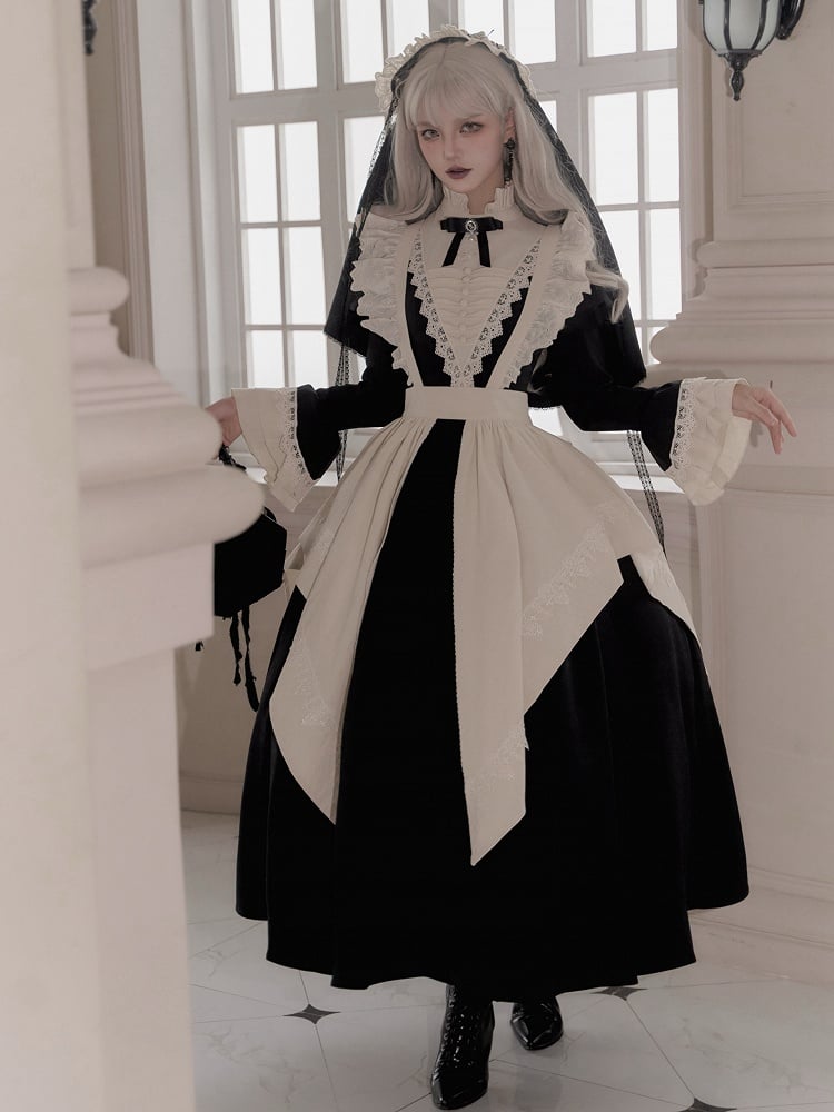Elegant Black and Beige Ruffle Banded Collar Gothic Nun Lolita Dress Long Version