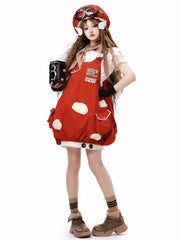 Red Mushroom Sweet Lolita Dress Cloud Applique  Bubble Jumper Skirt with Scarf