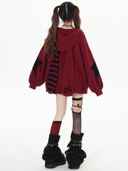 Y2K Black/Wine Red Striped Bunny Ears Design Hooded V-neck Cardigan