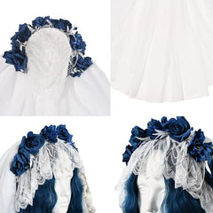 White Gothic Corpse Bride Lace-up Detail Veil with Blue Roses